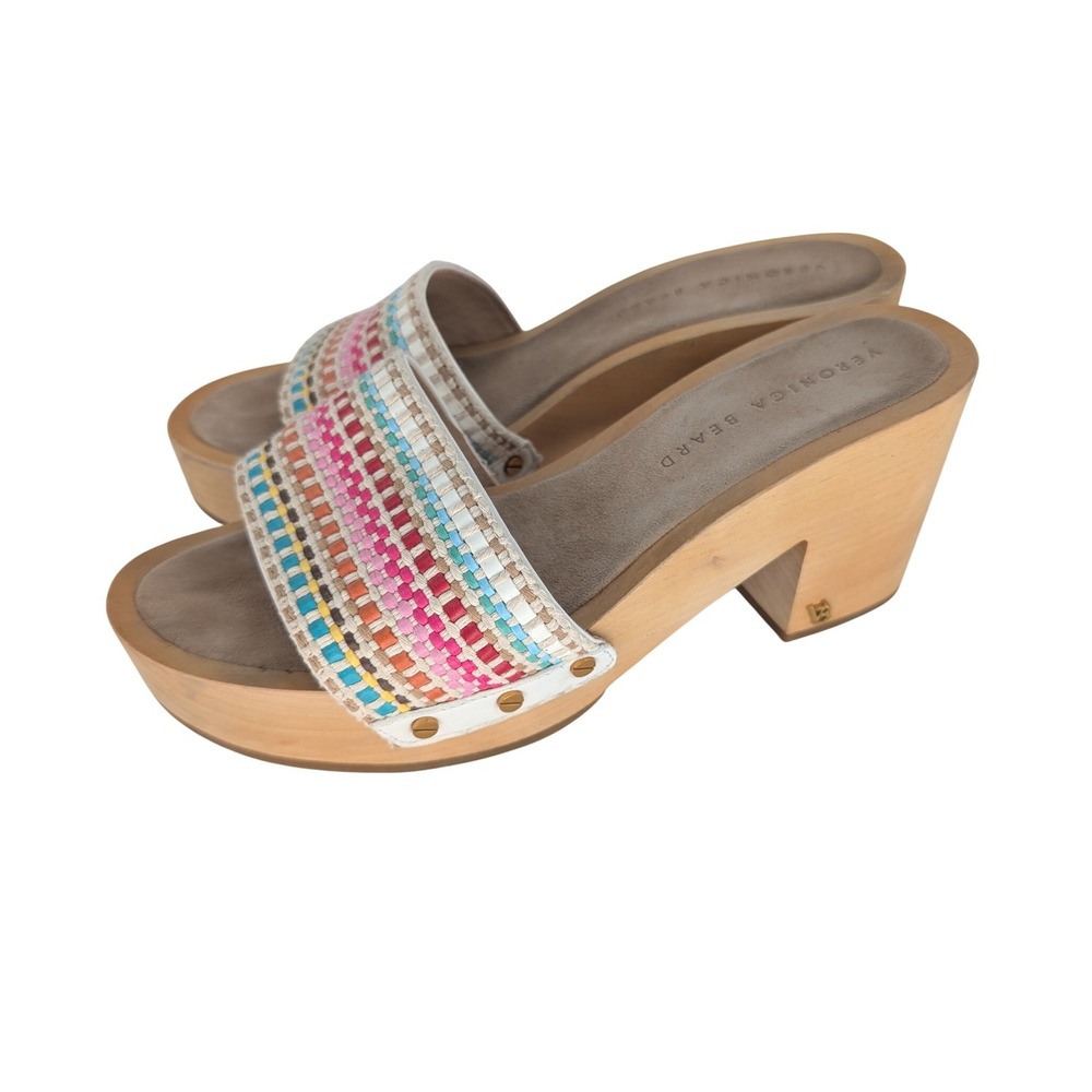 Veronica Beard Hannalee Woven Clog Mule Women 9.5M Snow Multi Rainbow Wood Heel - Picture 2 of 13